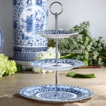 Elegant Style Fine White Porcelain 3 Tier Blue and White Cake Stand